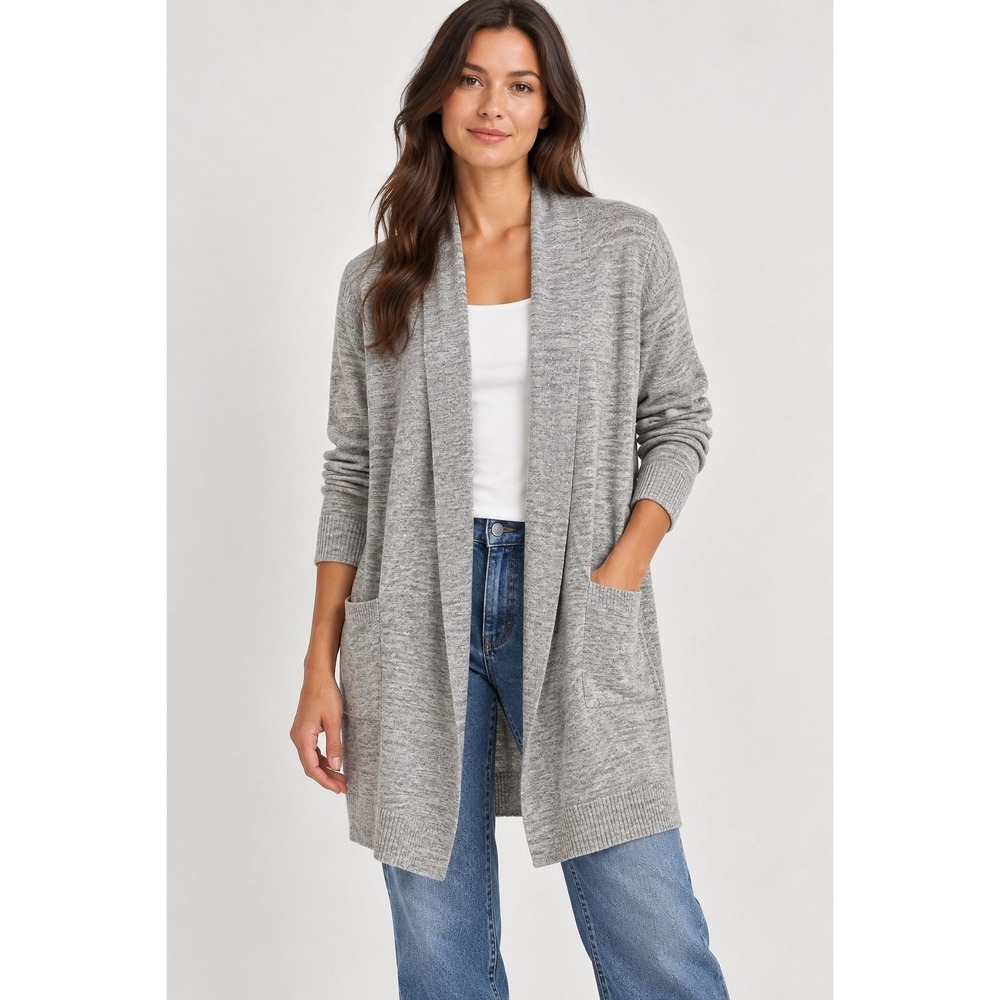 Gap Women Heather Grey Open Front Cardigan Marl Knit Long Sleeve Sweater Size M